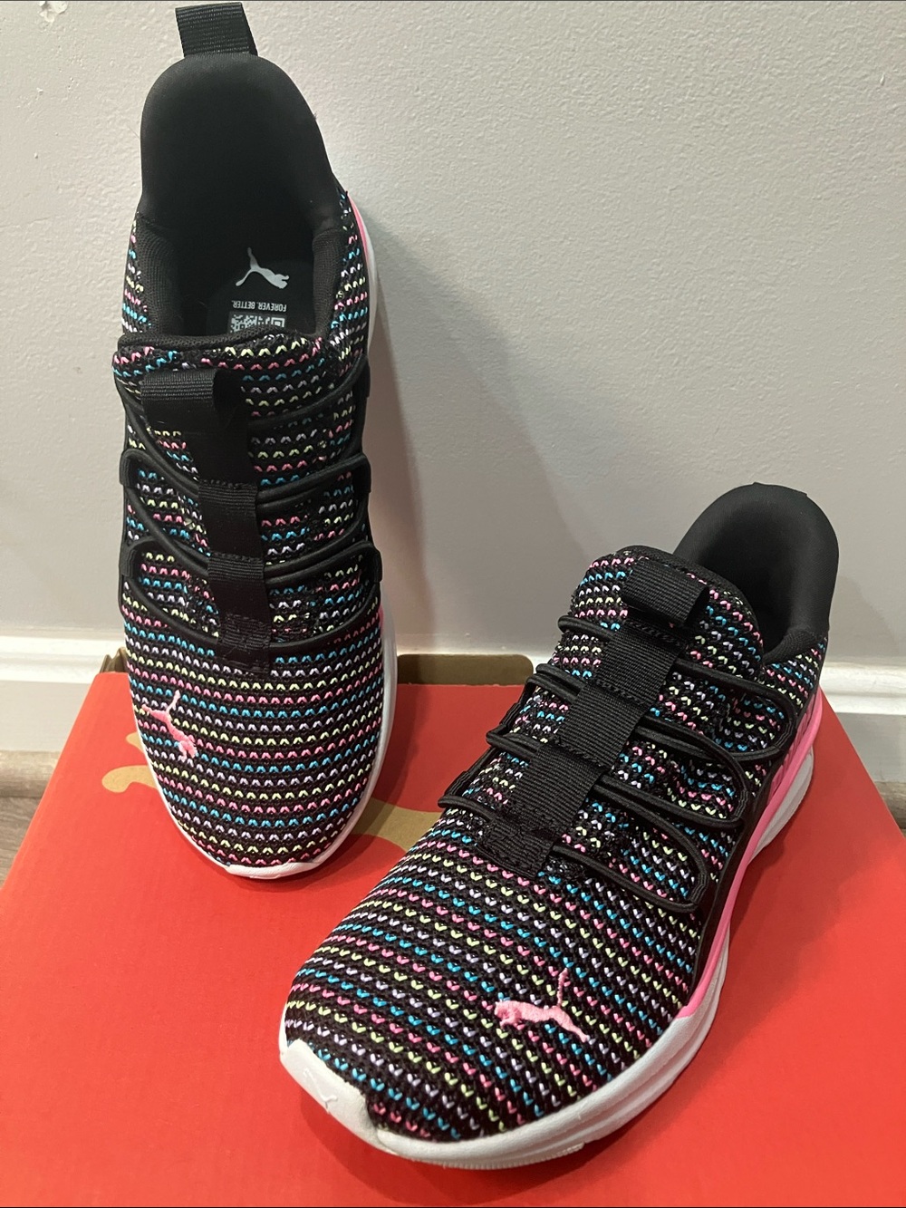 Puma Kids Black Knit Sneakers with Pink and Multicolor Accents, girls size 6
